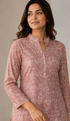Elegant mandarin collar floral print pink kurta set 2