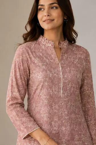Elegant mandarin collar floral print pink kurta set