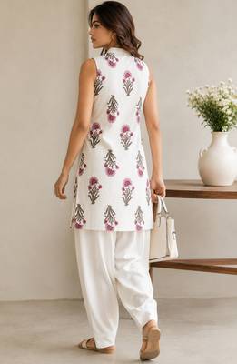White elegant floral printed kurta set with contemporary styling & effortless charm 4