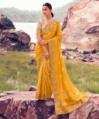  yellow resham & zari embroidery tissue silk saree with unstitched blouse 1