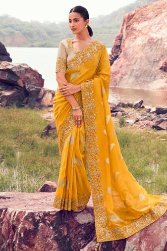  yellow resham & zari embroidery tissue silk saree with unstitched blouse