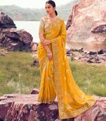  yellow resham & zari embroidery tissue silk saree with unstitched blouse