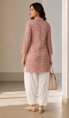 Elegant mandarin collar floral print pink kurta set 3