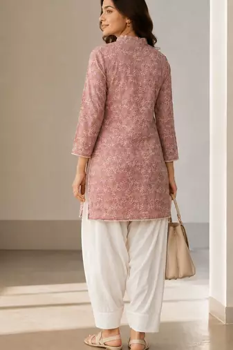 Elegant mandarin collar floral print pink kurta set