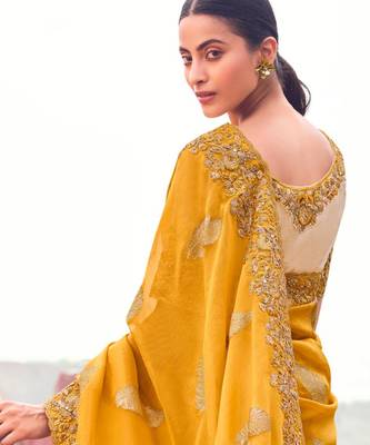  yellow resham & zari embroidery tissue silk saree with unstitched blouse 2