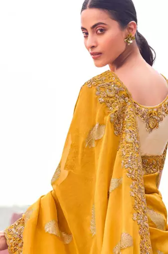  yellow resham & zari embroidery tissue silk saree with unstitched blouse