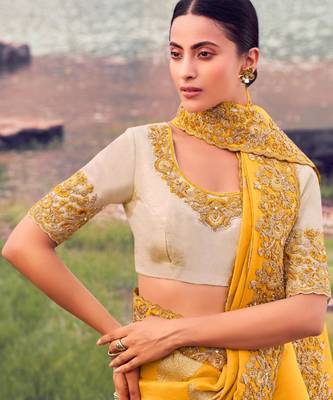 yellow resham & zari embroidery tissue silk saree with unstitched blouse 3