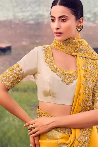  yellow resham & zari embroidery tissue silk saree with unstitched blouse