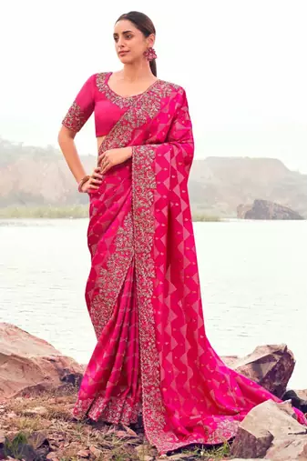 Light weight rani multi work  satin silk saree with unstitched blouse