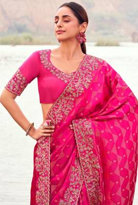Light weight rani multi work  satin silk saree with unstitched blouse 3