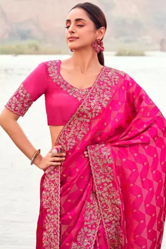 Light weight rani multi work  satin silk saree with unstitched blouse
