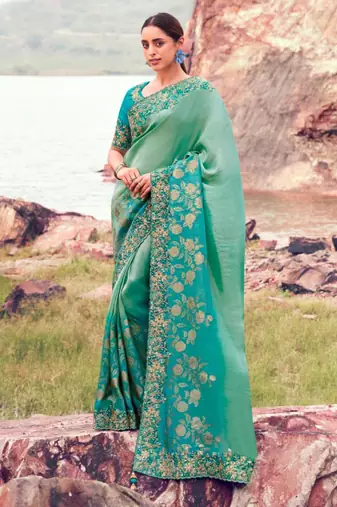 Fashionable sky blue shaded multi thread work  bagalpuri tissue sik saree with unstitched blouse