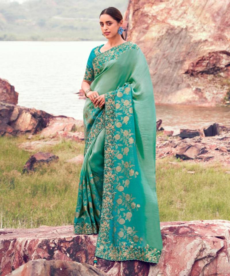 Fashionable sky blue shaded multi thread work  bagalpuri tissue sik saree with unstitched blouse