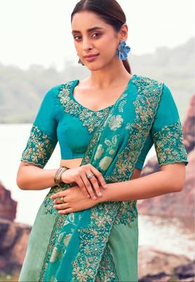 Fashionable sky blue shaded multi thread work  bagalpuri tissue sik saree with unstitched blouse 2
