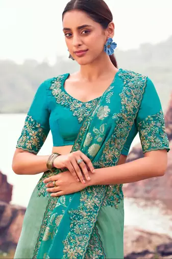 Fashionable sky blue shaded multi thread work  bagalpuri tissue sik saree with unstitched blouse