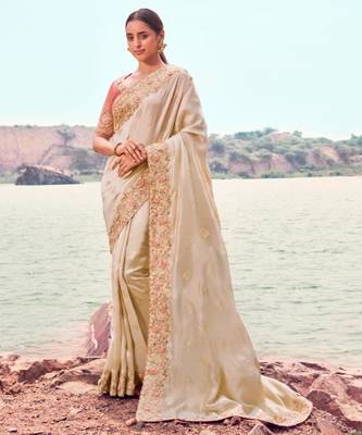 Soft silk chiku resham & zari embroidery satin silk saree with unstitched blouse 1