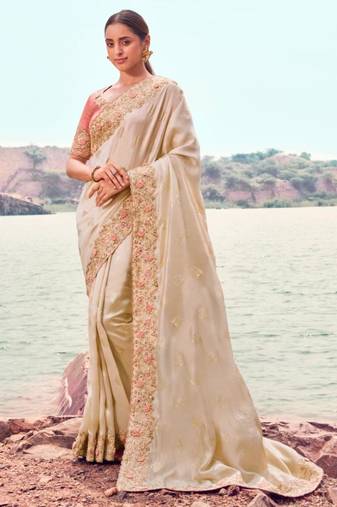 Soft silk chiku resham & zari embroidery satin silk saree with unstitched blouse