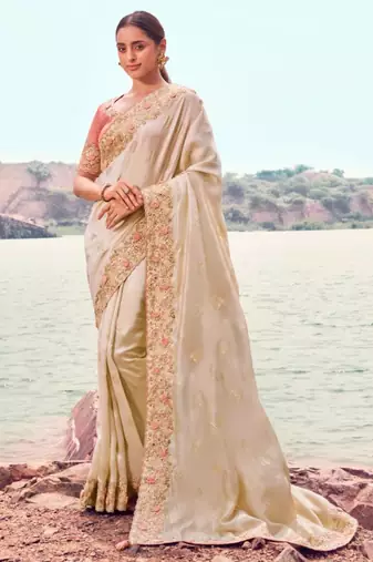 Soft silk chiku resham & zari embroidery satin silk saree with unstitched blouse