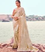 Soft silk chiku resham & zari embroidery satin silk saree with unstitched blouse