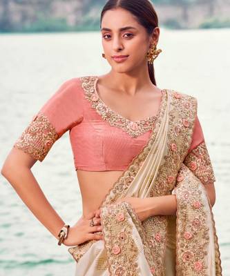 Soft silk chiku resham & zari embroidery satin silk saree with unstitched blouse 2