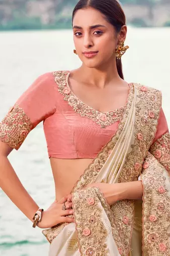 Soft silk chiku resham & zari embroidery satin silk saree with unstitched blouse