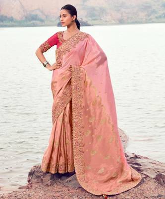 Soft silk chiku resham & zari embroidery satin silk saree with unstitched blouse 3