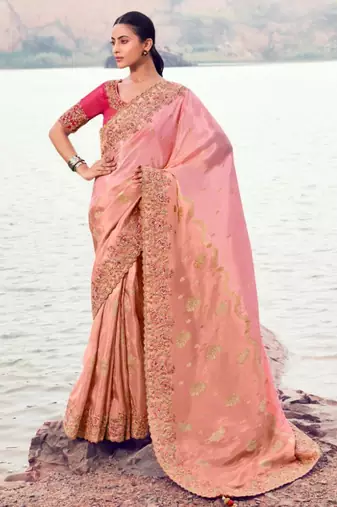 Soft silk chiku resham & zari embroidery satin silk saree with unstitched blouse