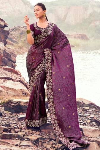 Floral wine multi thread work  satin silk saree with unstitched blouse