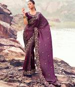Floral wine multi thread work  satin silk saree with unstitched blouse