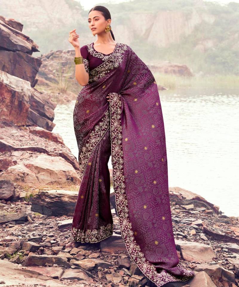 Floral wine multi thread work  satin silk saree with unstitched blouse
