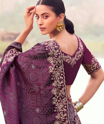 Floral wine multi thread work  satin silk saree with unstitched blouse 2
