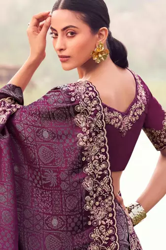 Floral wine multi thread work  satin silk saree with unstitched blouse