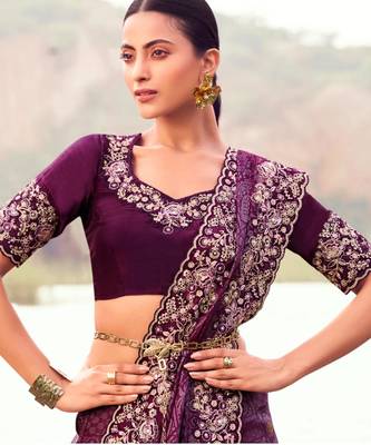 Floral wine multi thread work  satin silk saree with unstitched blouse 3