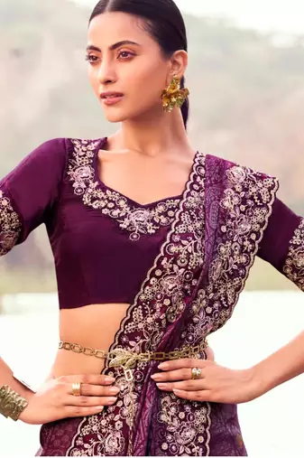 Floral wine multi thread work  satin silk saree with unstitched blouse