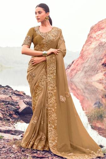 Embellished chiku resham & zari embroidery  banarasi silk saree with unstitched blouse
