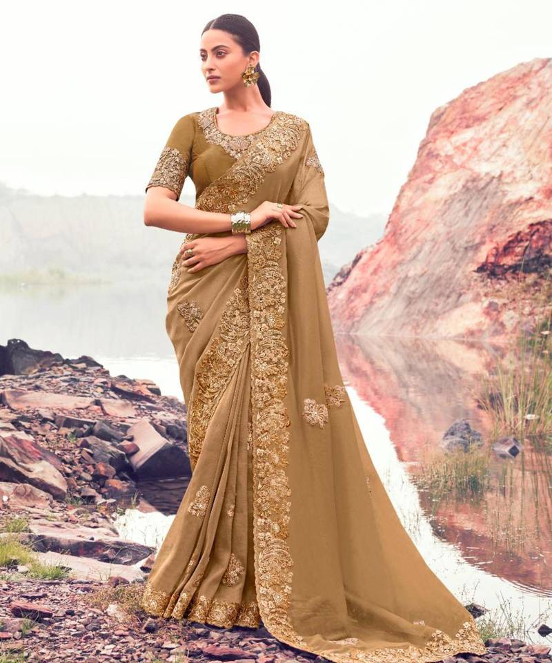 Embellished chiku resham & zari embroidery  banarasi silk saree with unstitched blouse