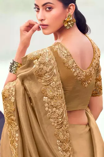 Embellished chiku resham & zari embroidery  banarasi silk saree with unstitched blouse