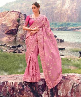 Ethnic onion pink multi work tissue silk saree with unstitched blouse 1