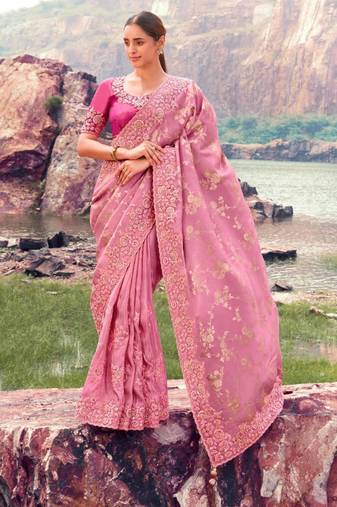 Ethnic onion pink multi work tissue silk saree with unstitched blouse