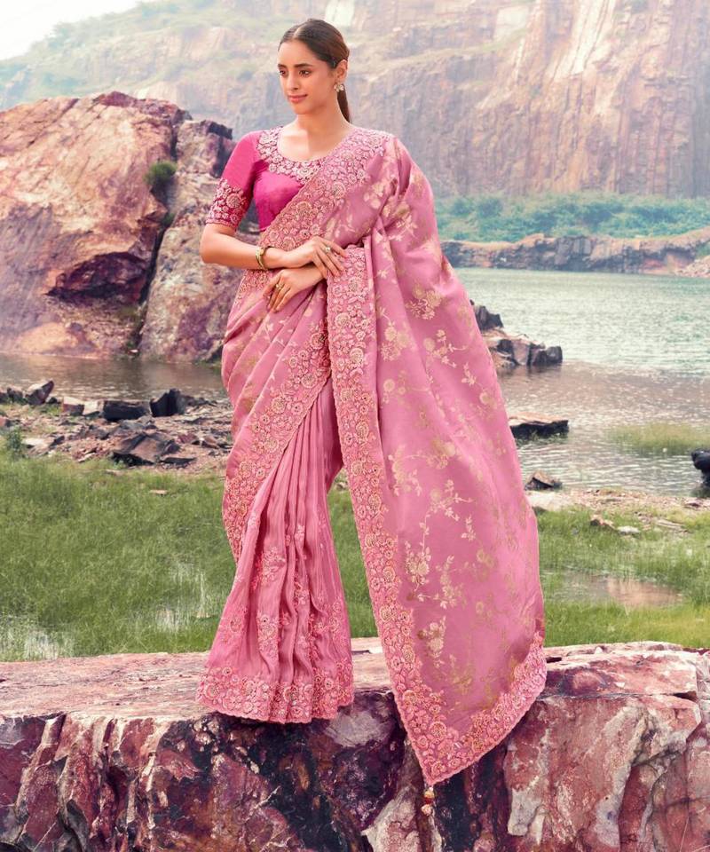 Ethnic onion pink multi work tissue silk saree with unstitched blouse