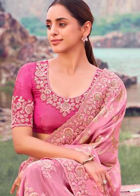 Ethnic onion pink multi work tissue silk saree with unstitched blouse 2