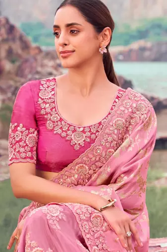 Ethnic onion pink multi work tissue silk saree with unstitched blouse
