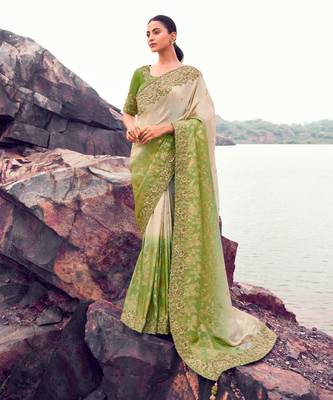  green shaded multi thread work tissue silk saree with unstitched blouse 1