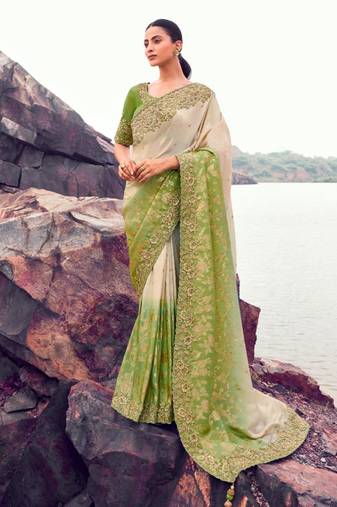  green shaded multi thread work tissue silk saree with unstitched blouse