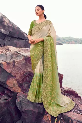  green shaded multi thread work tissue silk saree with unstitched blouse