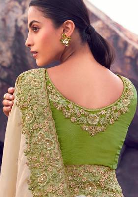  green shaded multi thread work tissue silk saree with unstitched blouse 2