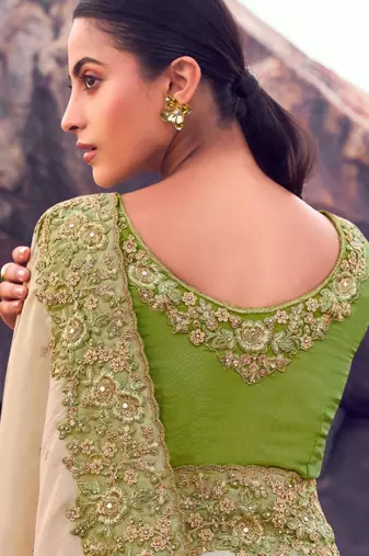  green shaded multi thread work tissue silk saree with unstitched blouse
