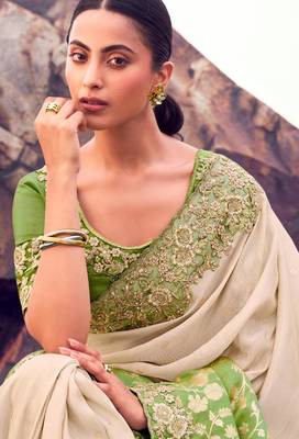  green shaded multi thread work tissue silk saree with unstitched blouse 3