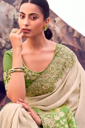  green shaded multi thread work tissue silk saree with unstitched blouse
