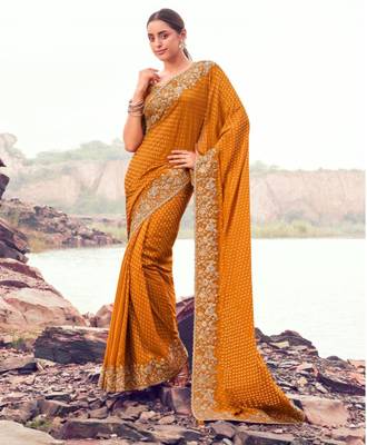  mustard resham & zari embroidery  satin silk saree with unstitched blouse 1
